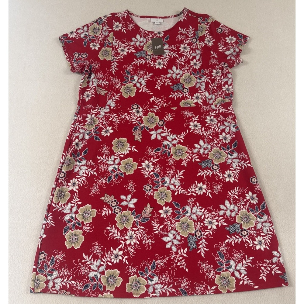 J. Jill Women's Dress Red Floral Short Sleeve Midi T-Shirt Feel Cherry Blossom